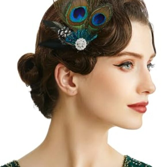 Peacock Feather Hair Clip Rhinestone Flapper Fascinator 1920s Party Accessory main image 7
